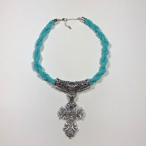 Costume cross pendant turquoise beaded necklace
